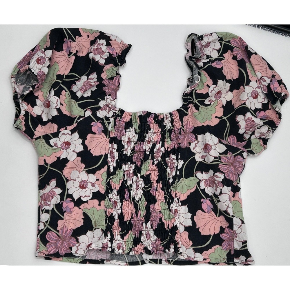 Who What Wear Womens Large Floral Linen Blend Puff Sleeve Smocked Crop Top Black - Picture 3 of 7